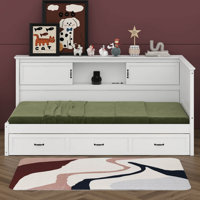 L-Shaped Bed Frame With Drawer And Bookcase, Corner Bed Wooden Captain Bed With Led Downlight And USB Port by Lark Manor