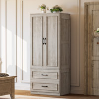 70" H Armoire Wardrobe Closet With 2 Doors & 2 Drawers, Freestanding Wooden Wardrobe Armoire With Hanging Rod For Bedroom by Ebern Designs