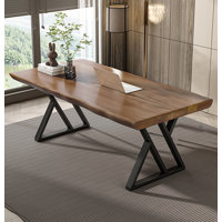 Solid Wood Plank Writing Desk with Metal Base by 17 Stories