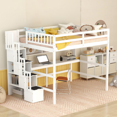 Full Size Loft Bed With Build-in Desk, Bookcase, Shelves, Storage Stairs by Harriet Bee