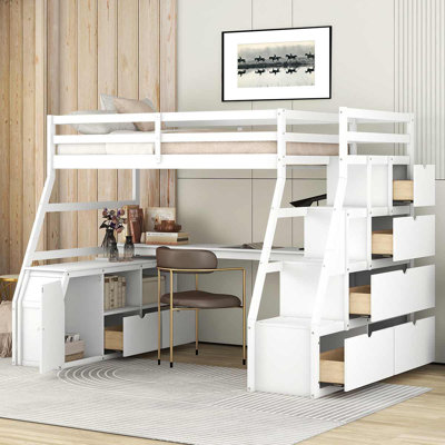 Modern Loft Bed With 7 Drawers 2 Shelves And Desk Multifunctional Furniture For Bedroom by Harriet Bee