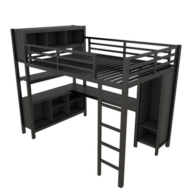 Metal Loft Bed With Wardrobe And L-Shaped Desk, Loft Bed With Storage Cubes For Kids Teens Adults by Harriet Bee