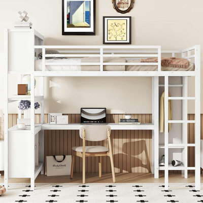 Metal Loft Bed With Wardrobe And L-Shaped Desk, Loft Bed With Storage Cubes For Kids Teens Adults by Harriet Bee