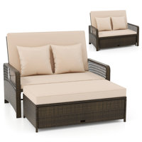 Patio Rattan Daybed Wicker Loveseat Sofa w/ Multifunctional Ottoman