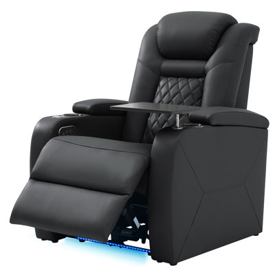 Leather Home Theater Seating Dual Power Movie Theater Chairs Theater Recliner Sofa with 7-color LED by Ivy Bronx