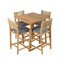 Alessandro Outdoor 5-Piece Acacia Wood Bar Set With Cushions by Lark Manor