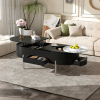 47.2" Modern Oval Lift Top Coffee Table With 360° Marble-Patterned Rotating Tray, Hidden Compartment & 3 Drawers by Ivy Bronx