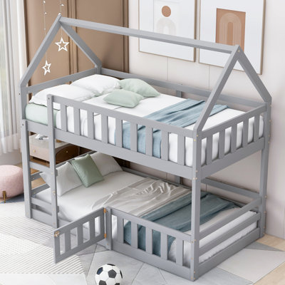 Twin over Twin House Bunk Bed with Fence and Door by Harper Orchard