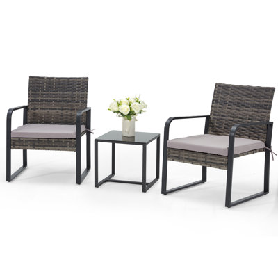 3 Piece Patio Bistro Rattan Chair With Cushions & Round Arm And Coffee Table Set by Ebern Designs