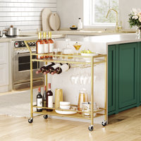 2-Tier Bar Cart Serving Cart Kitchen Cart with Wine Rack and Glass Holder by Mercer41