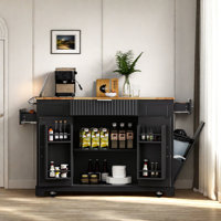 Fluted Rolling Kitchen Island With Trash Can Storage Cabinet, Power Outlet, Internal Storage Rack, 3 Drawers, 3 Open Side Racks by Lark Manor
