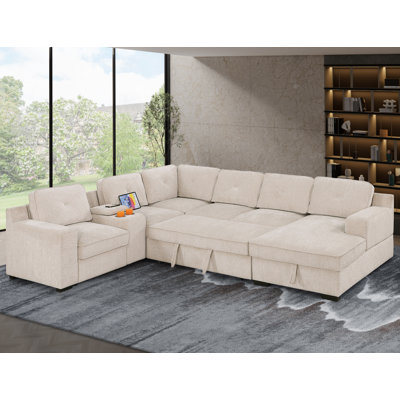 U-Shaped Upholstered Sectional with Sleeper Sofa, Console with USB & Chaise by Latitude Run