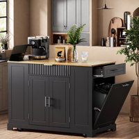 Fluted Rolling Kitchen Island With Trash Can Storage Cabinet, Power Outlet, Internal Storage Rack, 3 Drawers, 3 Open Side Racks by Lark Manor