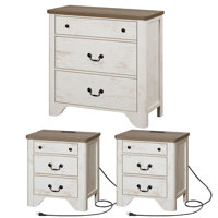 Haikey 3PCS Farmhouse Dresser Set, Wood Nightstand Set Of 2 With Charging Station And 3-Drawer Dresser For Bedroom, Living Room, Hallway,Dining Room by Lark Manor