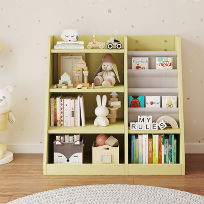 Vesta Kids 4-Tier Engineered Wood Bookcase with 3 Deep Storage Crossbody Pockets, 31.6"H x 33.9"W by Harriet Bee