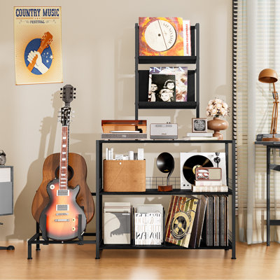 Vinyl Record Player Stand With Guitar Stand, Record Player Table With Rgb Led Light, Record Player Cabinet With Vinyl Storage Holds Up To 300+ Albums, by 17 Stories