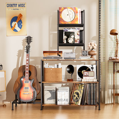 Vinyl Record Player Stand With Guitar Stand, Record Player Table With Rgb Led Light, Record Player Cabinet With Vinyl Storage Holds Up To 300+ Albums, by 17 Stories
