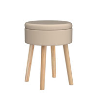 Storage Ottoman Linen Round Vanity Stool Tray Top Modern Foot Stool With Wood Legs Multifunctional Upholstered Foot Ottoman Rest(Beige) by Corrigan Studio