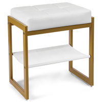 Vanity Stool, Faux Leather Vanity Chair Stool For Dressing Table, Modern Gold Metal Footstool Ottoman For Bedroom & Living Room, White & Gold by Everly Quinn