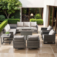 Naresa 9-Piece Outdoor Wicker Conversation Set With Sectional Sofa, Fire Pit Table, Swivel Chairs & Storage Box