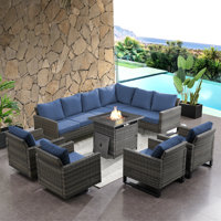 Naresa 6-Piece Outdoor Wicker Conversation Set, L-Shaped Sectional Sofa With Fire Pit Table by Ebern Designs