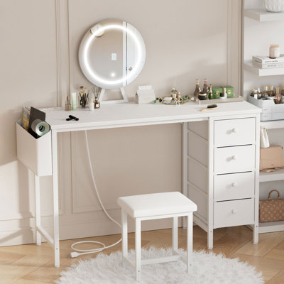 Built-In Outlets Makeup Desk With Mirror And Light- Vanity Set Table With Chair & Drawers by Wrought Studio