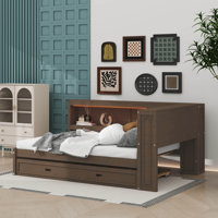 Full-Size Wooden Daybed With Built-In Shelves USB Ports LED Lighting And Pull-Out Trundle by Lark Manor