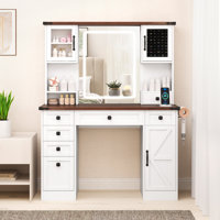 Farmhouse Vanity Desk W/ Lighted Mirror Makeup Vanity Table W/ 3 Doors by Gracie Oaks