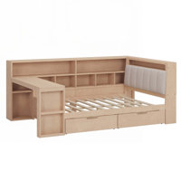 L-shaped Wooden Daybed with Desk and Storage Bookcase, Corner Bed with Upholstered Headboard and Under-bed Drawers and LED Light for for Bedroom Livin by Red Barrel Studio
