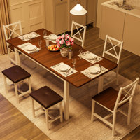 Farmhouse Style 7-Piece Dining Table Set For 4-6 People, 63" Extendable Kitchen Table Set With 4 Dining Chairs And 2 PU Upholstered Stools by Gracie Oaks