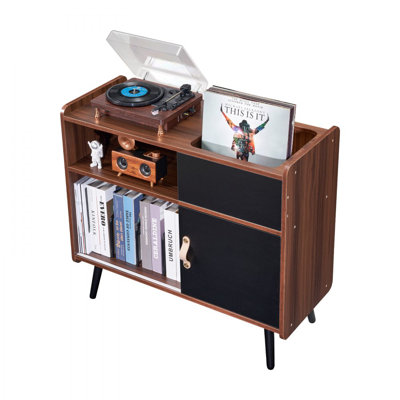 Record Player Stand with Power Outlet, Turntable Stand Holds Up to 350 Albums, Record Player Table with Vintage Vinyl Record Storage for Living Room, by George Oliver