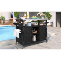 Outdoor Kitchen Island, Rolling Bar Cart & Storage Cabinet, Farmhouse Solid Wood Outdoor Grill Table With Stainless Steel Top, Spice Rack , Towel Rack by Gracie Oaks