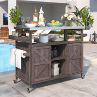 Outdoor Kitchen Island, Rolling Bar Cart & Storage Cabinet, Farmhouse Solid Wood Outdoor Grill Table With Stainless Steel Top, Spice Rack , Towel Rack by Gracie Oaks