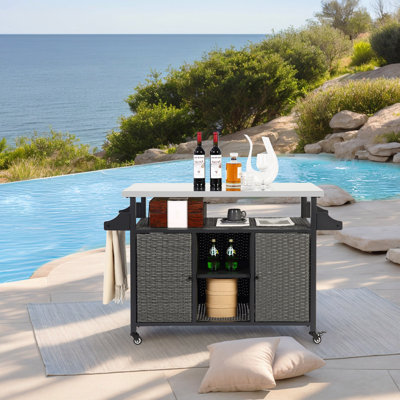 Outdoor Kitchen Wicker Island Rolling Cart & Storage Cabinet, Wheels And Stainless Steel Extended Table Top, Side Handle For Patio Kitchen Or Bar Cart by Hokku Designs