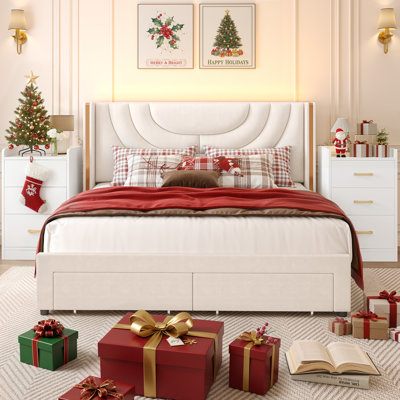 3-Piece Bedroom Set, Storage Bed with LED Light, 2 Nightstands with Charge Station