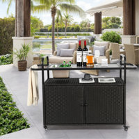 Outdoor Bar Table & Wicker Bar Cart With Lockable Wheels, Ice Bucket, Steel Top & Side Basket – Perfect For Patio, Garden, Poolside & Backyard Enterta by Latitude Run