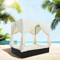 Outdoor Patio Sunbed With Curtains, Pe Rattan Daybed With Cushions, 2-6 Person Lounge Chair, Weather-Resistant Wicker Sun Lounger For Garden, Backyard by Latitude Run