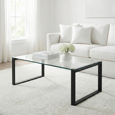 Gega Contemporary Glass Coffee Table in Matte Black, Clear Glass by Wrought Studio