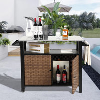Outdoor Wicker Island Rolling Cart With Storage Cabinet, Stainless Steel Top & Side Handle Patio Or Bar Cart by Hokku Designs
