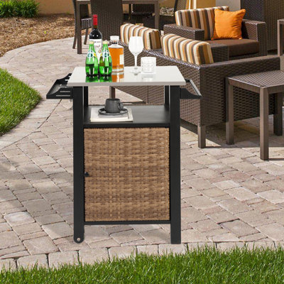 Single Door Bar Cart & Patio Kitchen Wicker Island Rolling Cart With Storage Cabinet, Stainless Steel Extended Table Top & Side Handle by Latitude Run