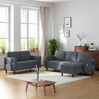3 Pcs Living Room Furniture Set, Modern Linen Sofa Set With Side Pockets, Convertible Sectional Couch With Storage Ottoman, L Shaped Couch + Loveseat by Ebern Designs