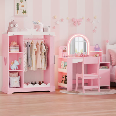 Kids Vanity Set With Mirror And Armoire With Jewelry Cabinet Set Combination by Harriet Bee