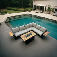 Denver 5-Piece Black Aluminum Outdoor Patio Fire Pit Deep Sectional Seating Set with Cast Natural Cushions