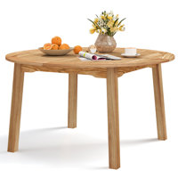 Round Patio Dining Table Acacia Wood Outdoor Dining Table w/ 2