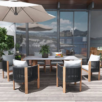 7-Pieces Faux Marble Outdoor Dining Set With Woven Rope Chairs For 6 Person (70.9") by Hokku Designs