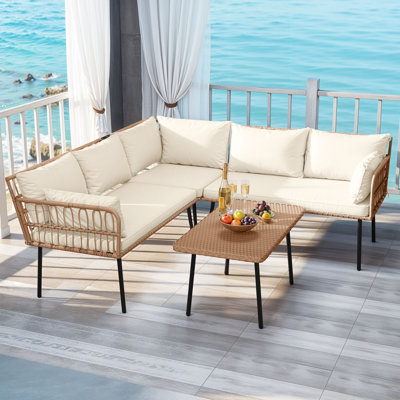Yellow Convertible Outdoor Rattan Sofa Set – 4-Piece Lounge with Cushions & Coffee Table by Bay Isle Home