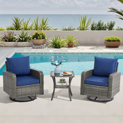 3 Pieces Outdoor Furniture Set With Swivel Chairs, Wicker Patio Furniture For Porch Deck Bistro Lawn Garden Backyard Poolside