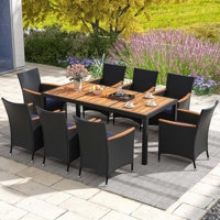 9 Pcs Outdoor Dining Set With Acacia Wood Tabletop, Umbrella Hole, Seat Cushions by Dakota Fields