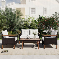 4-Piece Garden Furniture, Patio Seating Set, PE Rattan Outdoor Sofa Set, Wood Table and Legs, Brown
