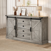 Karriann Farmhouse 4 Drawer Dresser for Bedroom, 59" Wood Dressers with Sliding Barn Doors, TV Stand with Large Drawers & Bar Handles by Gracie Oaks
